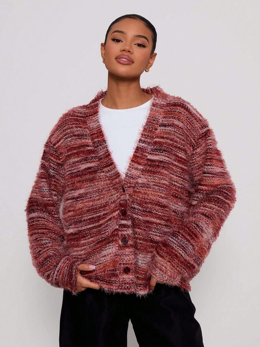 WIELOKOLOROWY DZIANINOWY SWETER GUZIKI