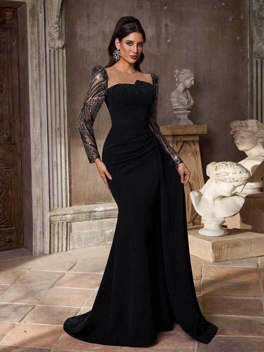 CZARNA MAXI SUKIENKA ZDOBIENIE