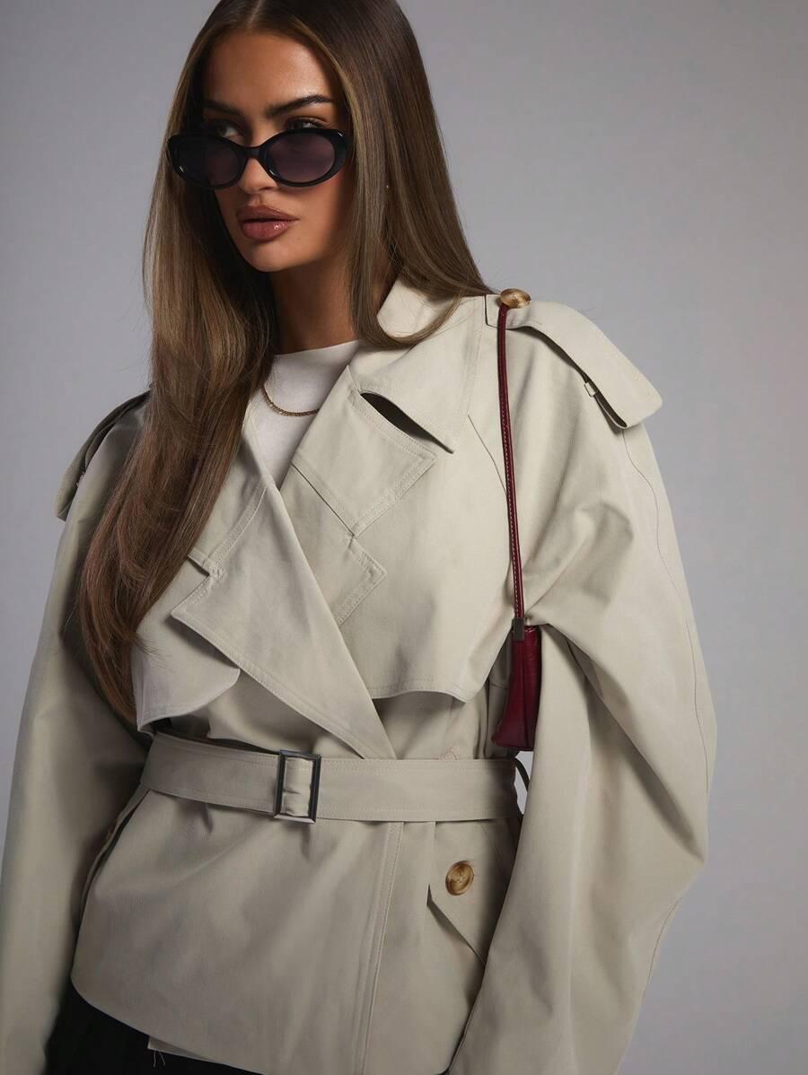 KRÓTKI ZIELONY PŁASZCZ TRENCZ OVERSIZE