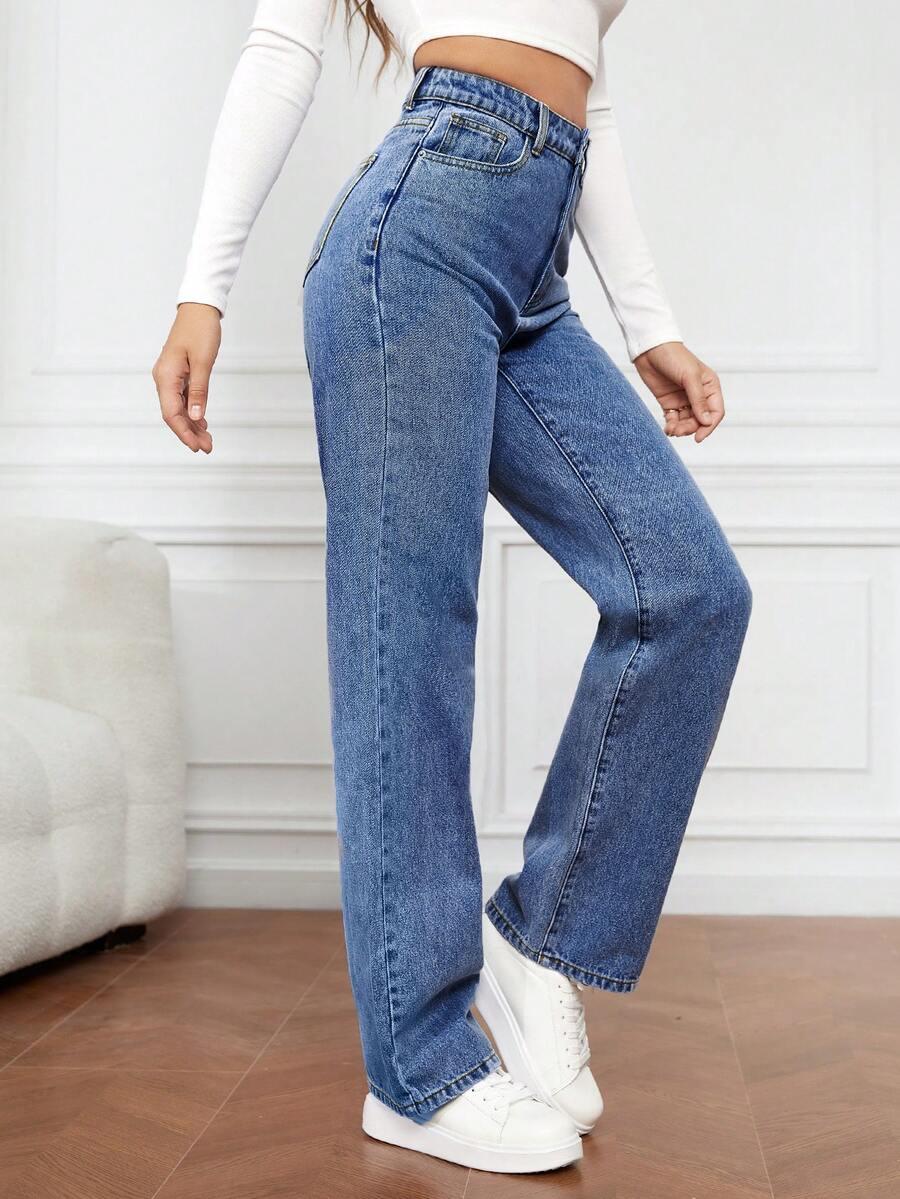 niebieskie spodnie proste jeans wysoki stan