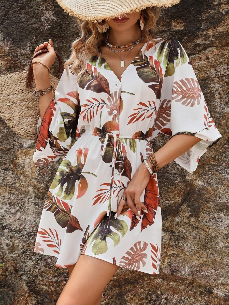 mini sukienka wzór roślinny v neck