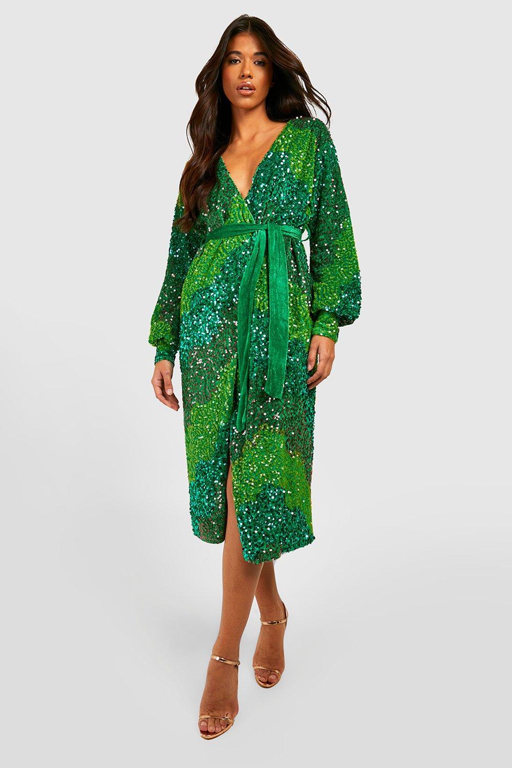 zielona cekinowa midi sukienka z długim rękawem