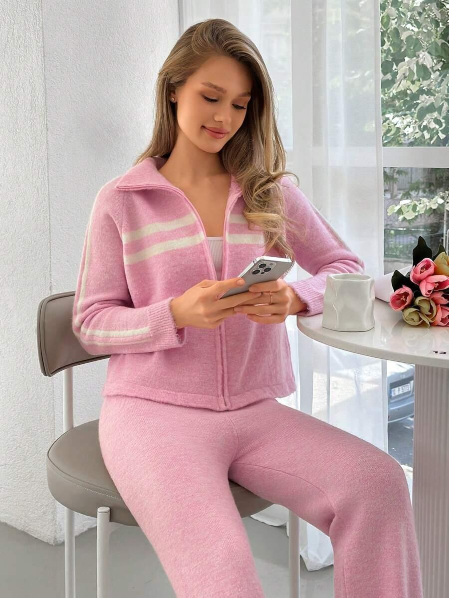 różowa bluza spodnie komplet dzianinowy 