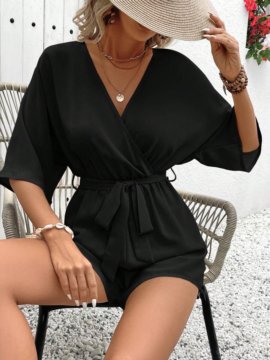 CZARNY KOMBINEZON V-NECK 