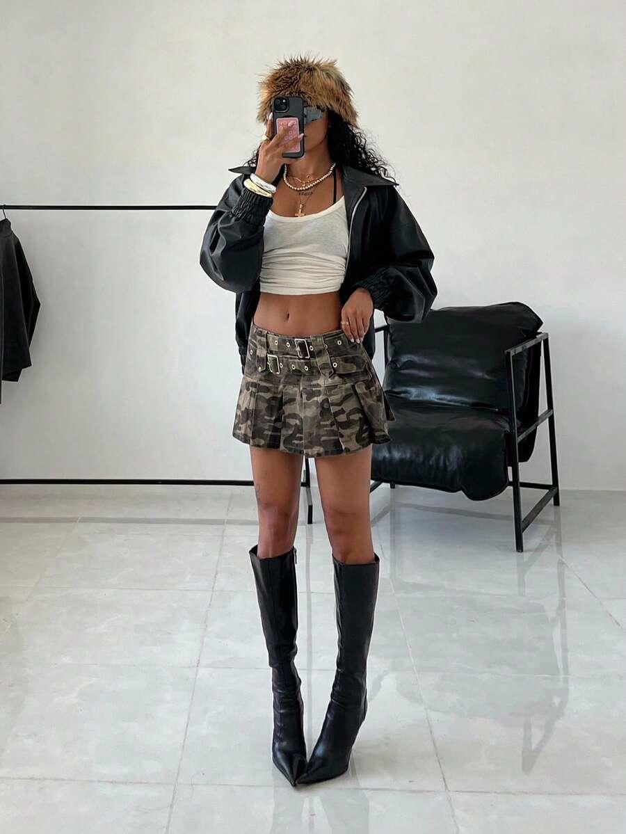 mini spódnica jeans wzór moro