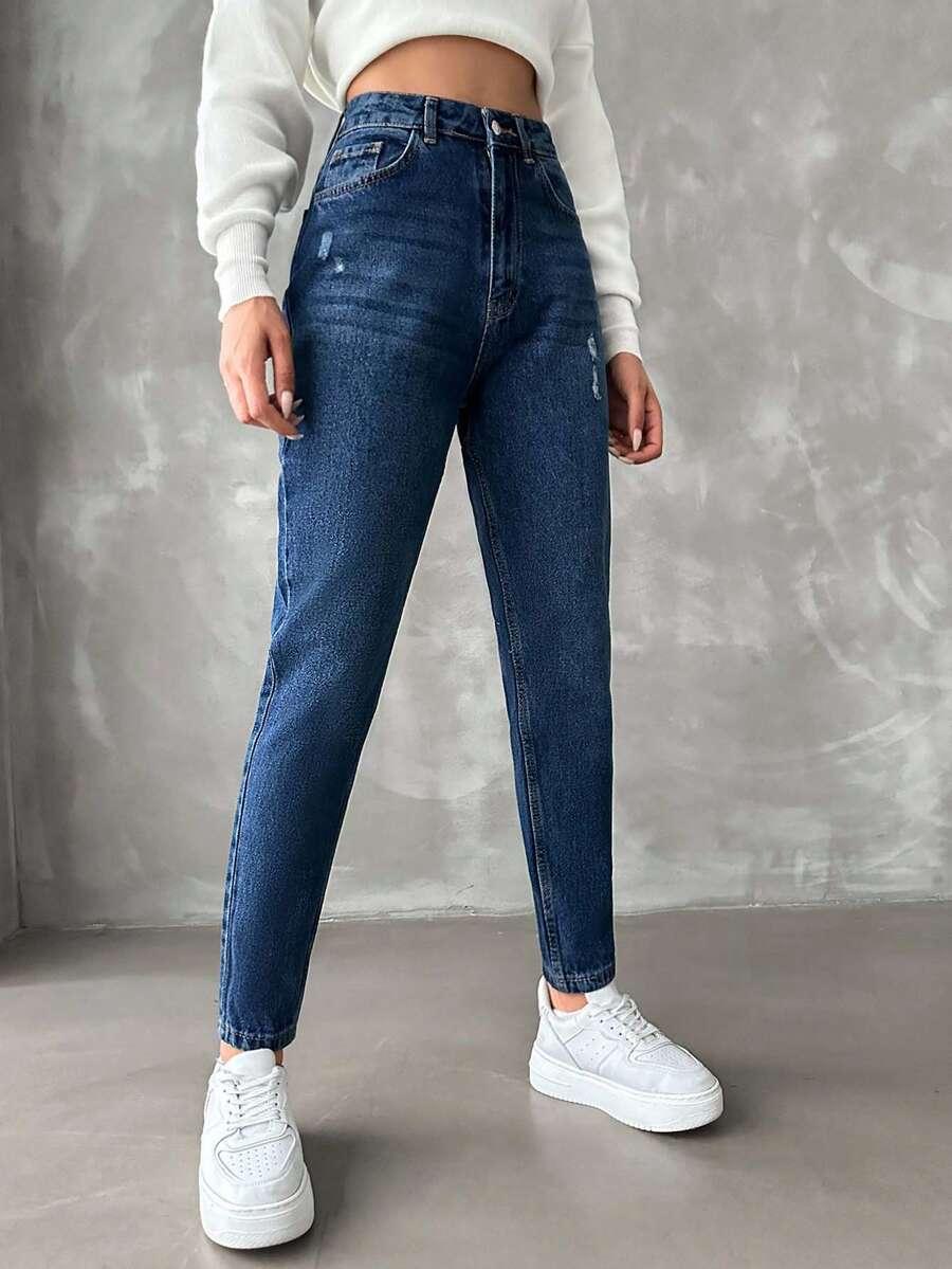 granatowe spodnie mom jeans