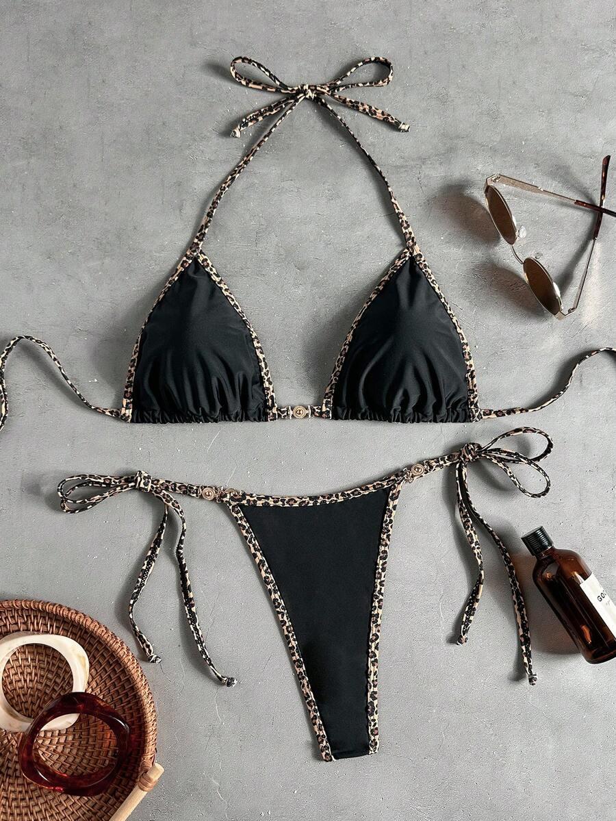 KOMPLET BIKINI WIĄZANY Z LAPASEM W PANTERKĘ