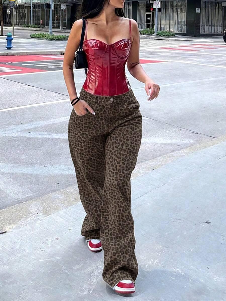 brązowe spodnie jeans animal print