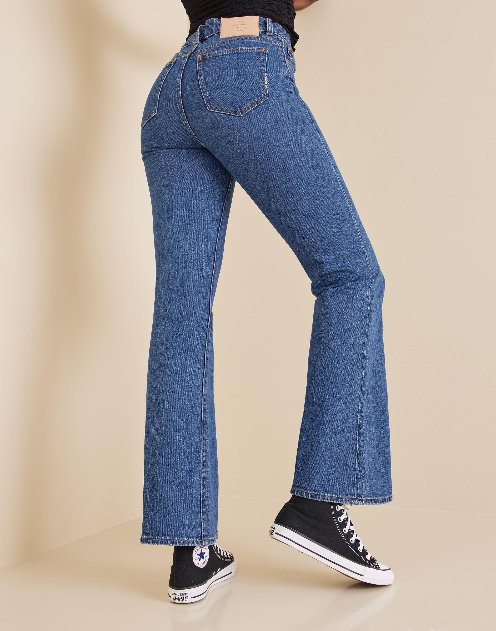 niebieskie spodnie jeans dzwony wysoki stan