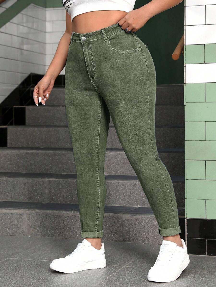 ZIELONE SPODNIE JEANS WYSOKI STAN