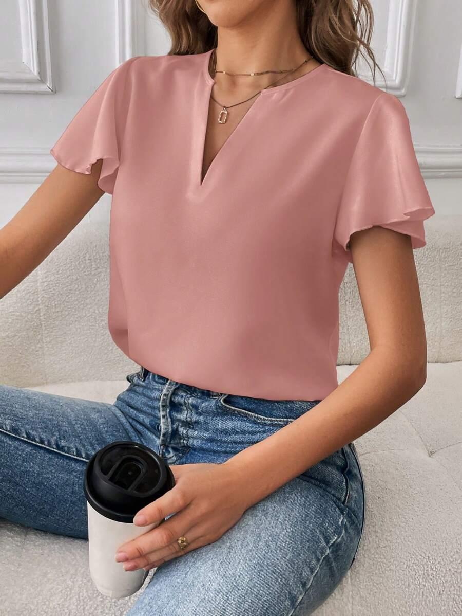różowa bluzka falbanki v-neck