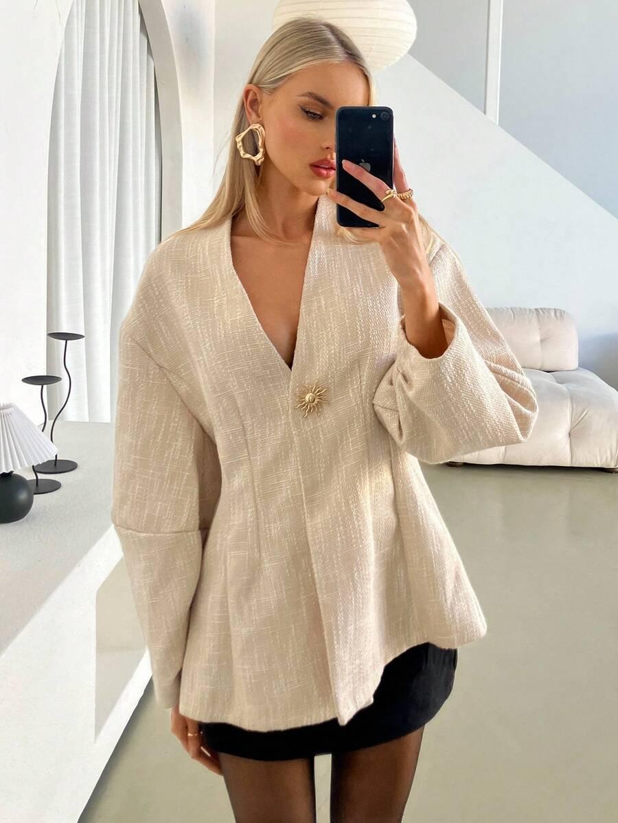 BEZOWA BLUZKA V-NECK