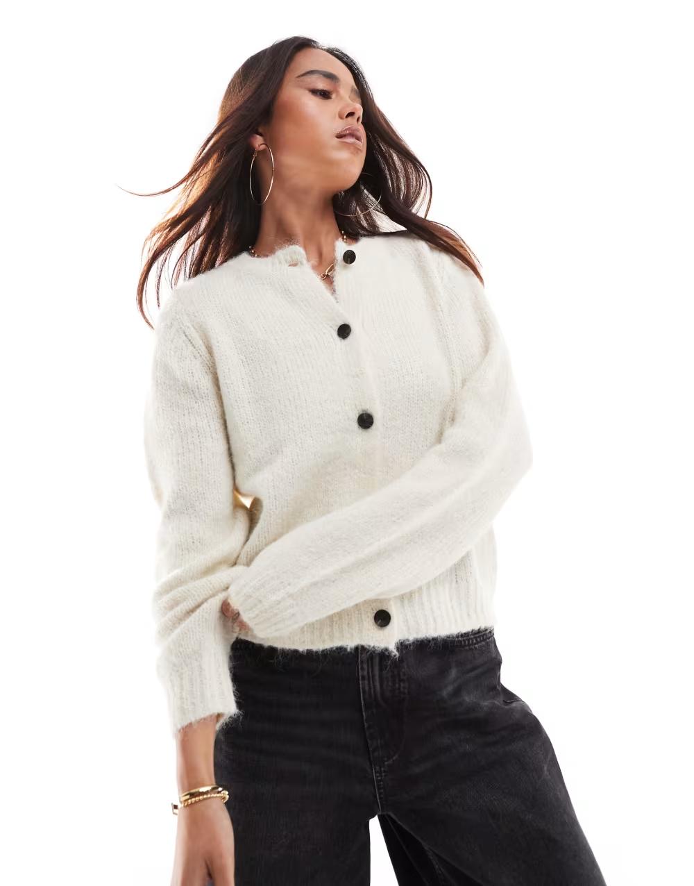 DZIANINOWY SWETER z domieszką wełny DŁUGI RĘKAW guziki