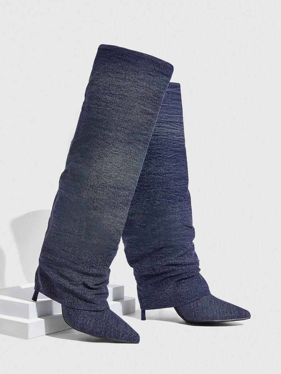 kozaki imitacja jeans na szpilce szpic