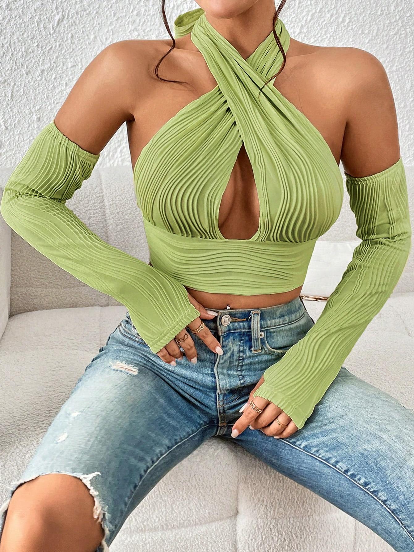 ZIELONY CROP TOP WIĄZANIE TEKSTURA RĘKAWY