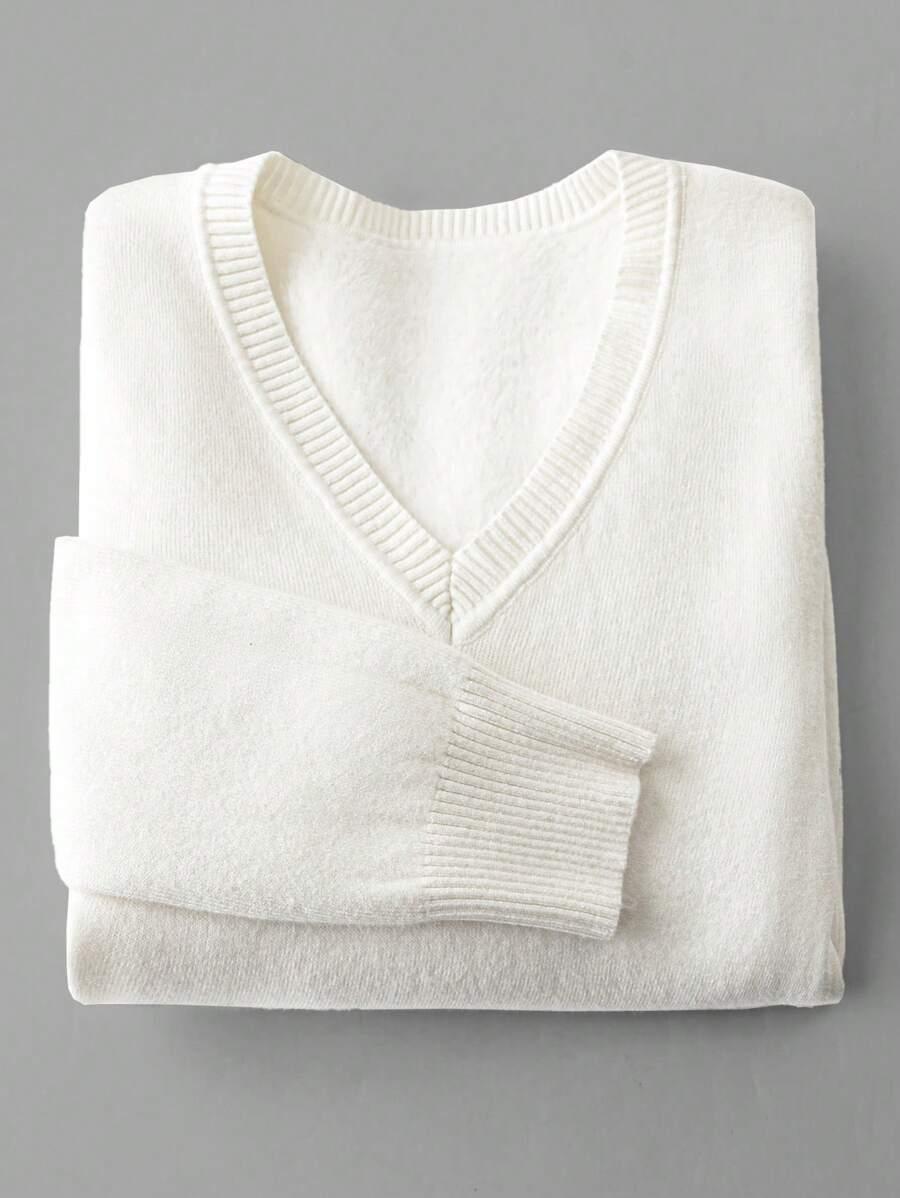 KREMOWY SWETER DŁUGI RĘKAW v-neck