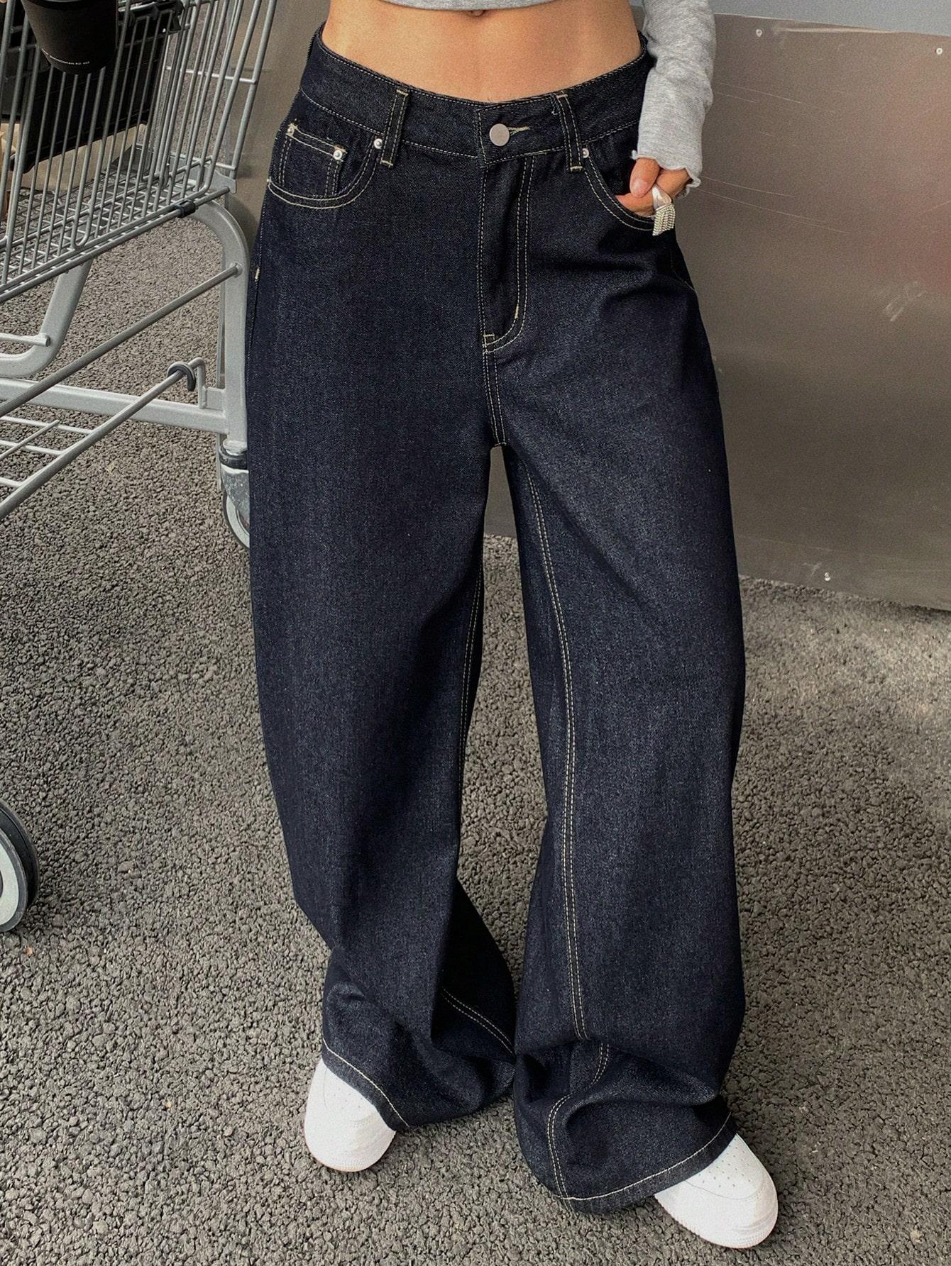 GRANATOWE SPODNIE JEANS PROSTA NOGAWKA 