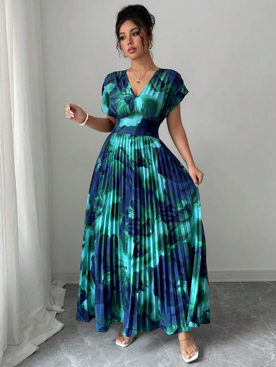 plisowana maxi sukienka v-neck