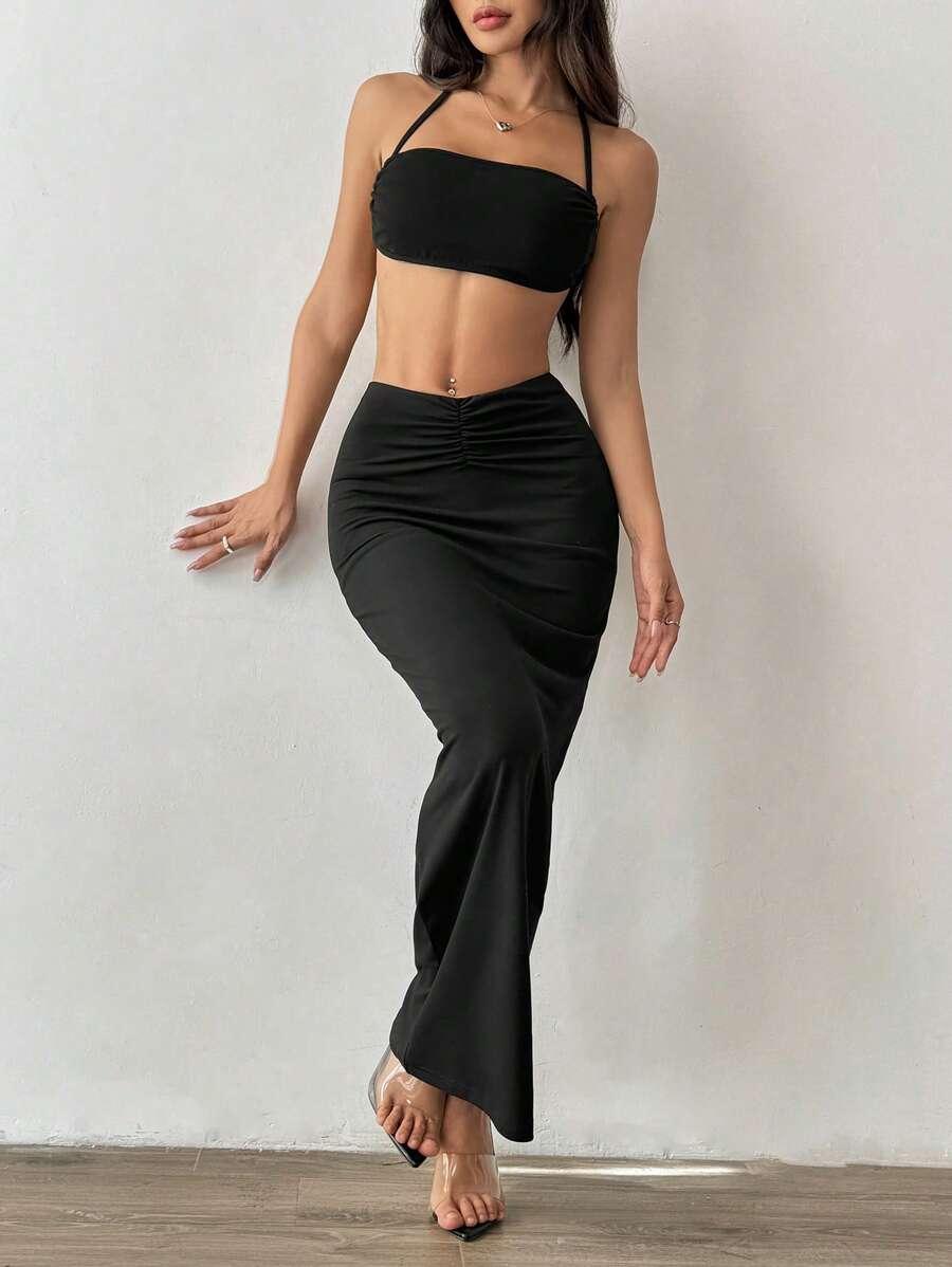 czarny komplet spódnica marszczenie crop top
