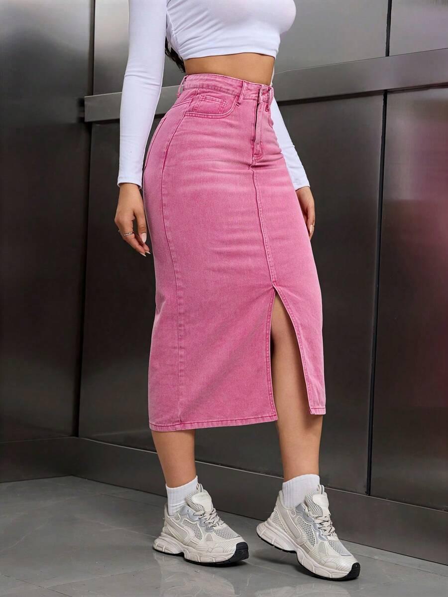 różowa spódnica jeans