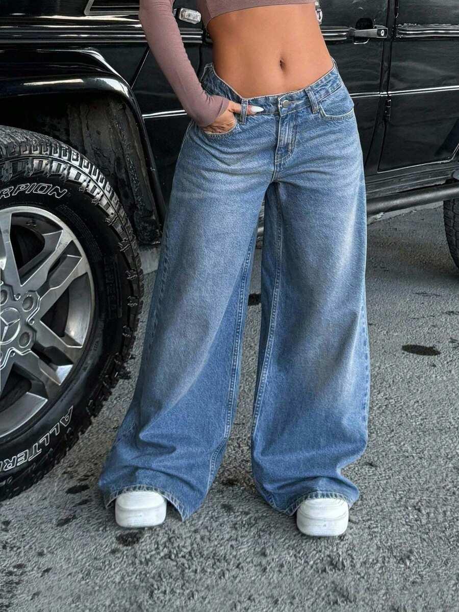 niebieskie spodnie jeans wide leg