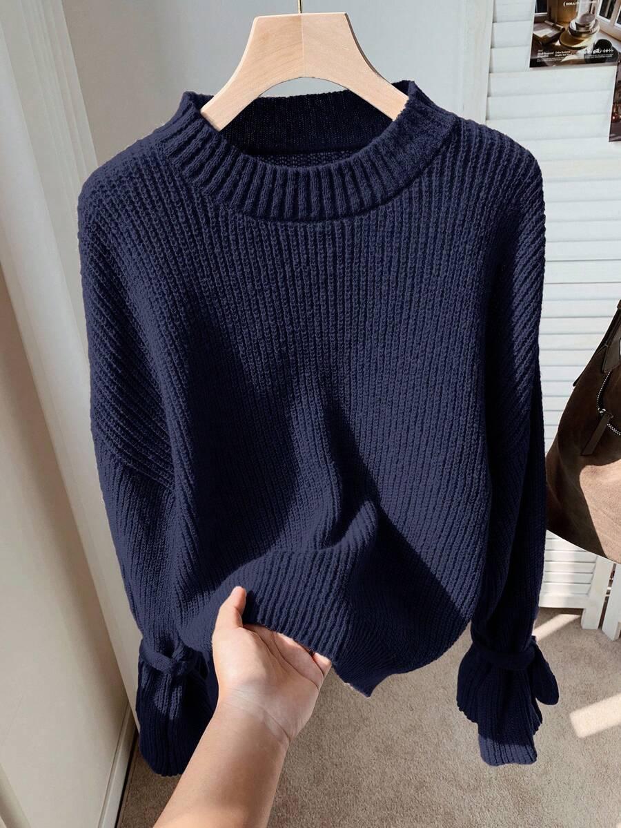 GRANATOWY DZIANINOWY SWETER 