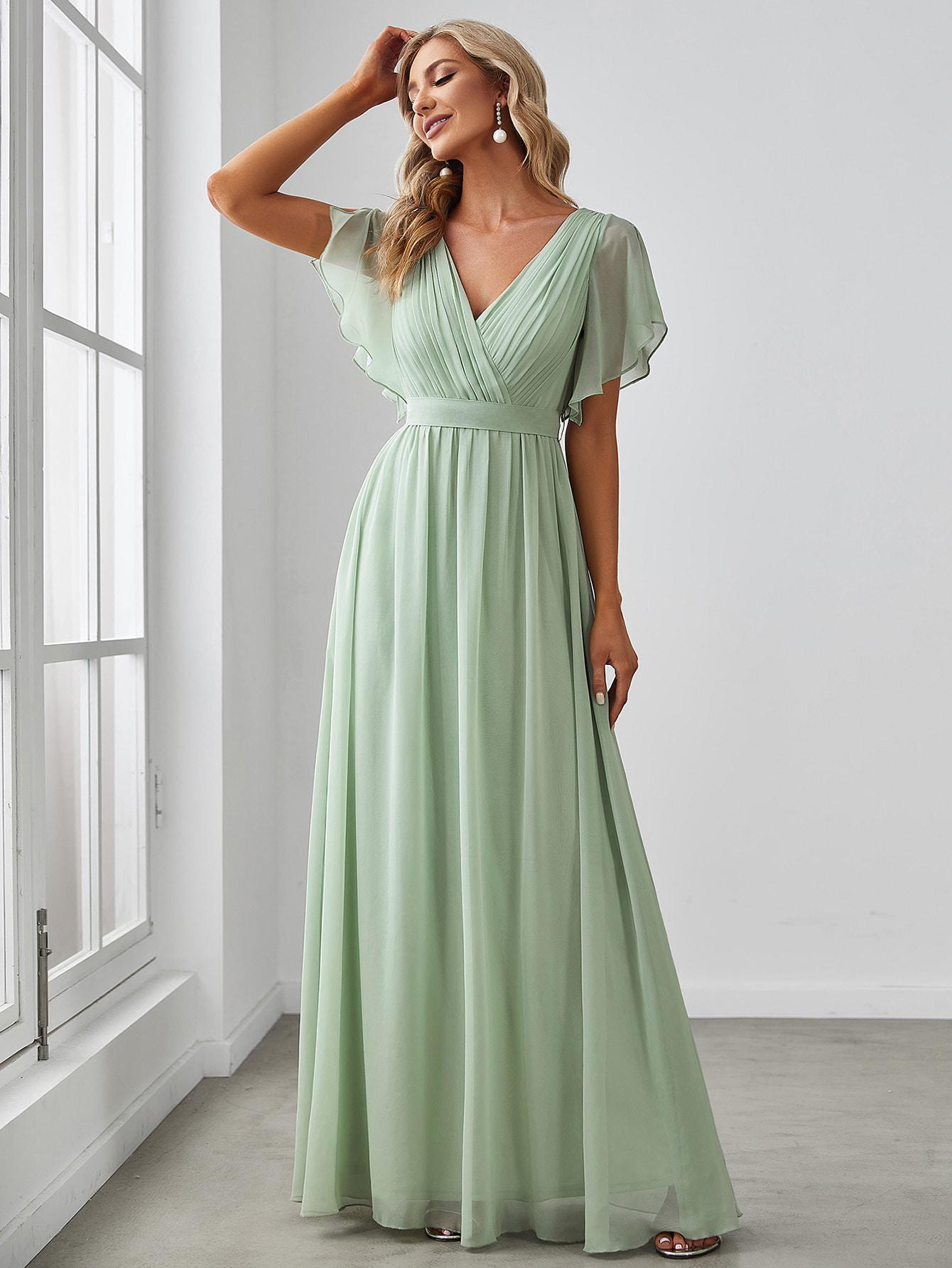 ZIELONA MAXI SZYFONOWA SUKIENKA V NECK