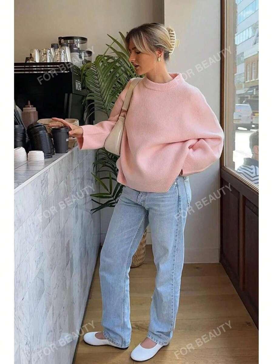 RÓŻOWY SWETER OKRĄGŁY DEKOLT 