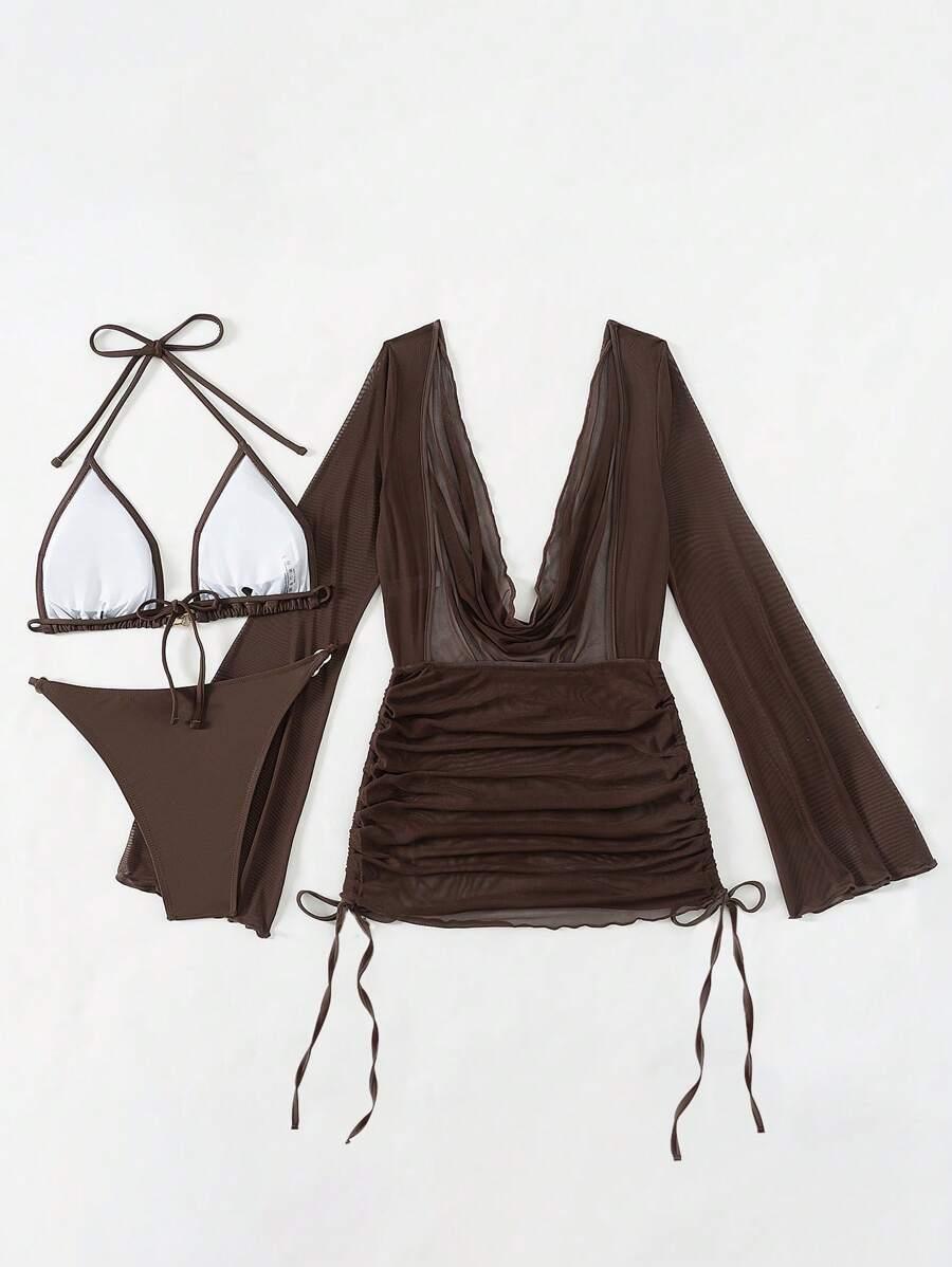 brązowy komplet tunika dół od bikini 