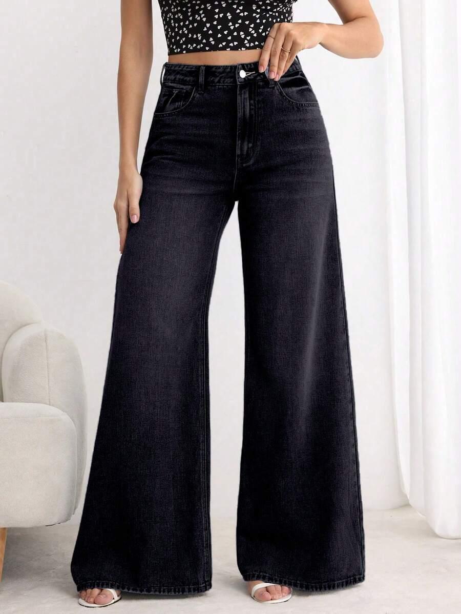 CZARNE SPODNIE JEANS SZEROKA NOGAWKA