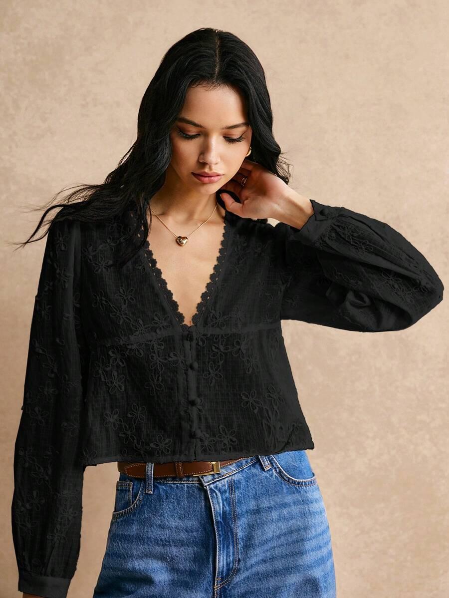 CZARNA BLUZKA V-NECK DŁUGI RĘKAW