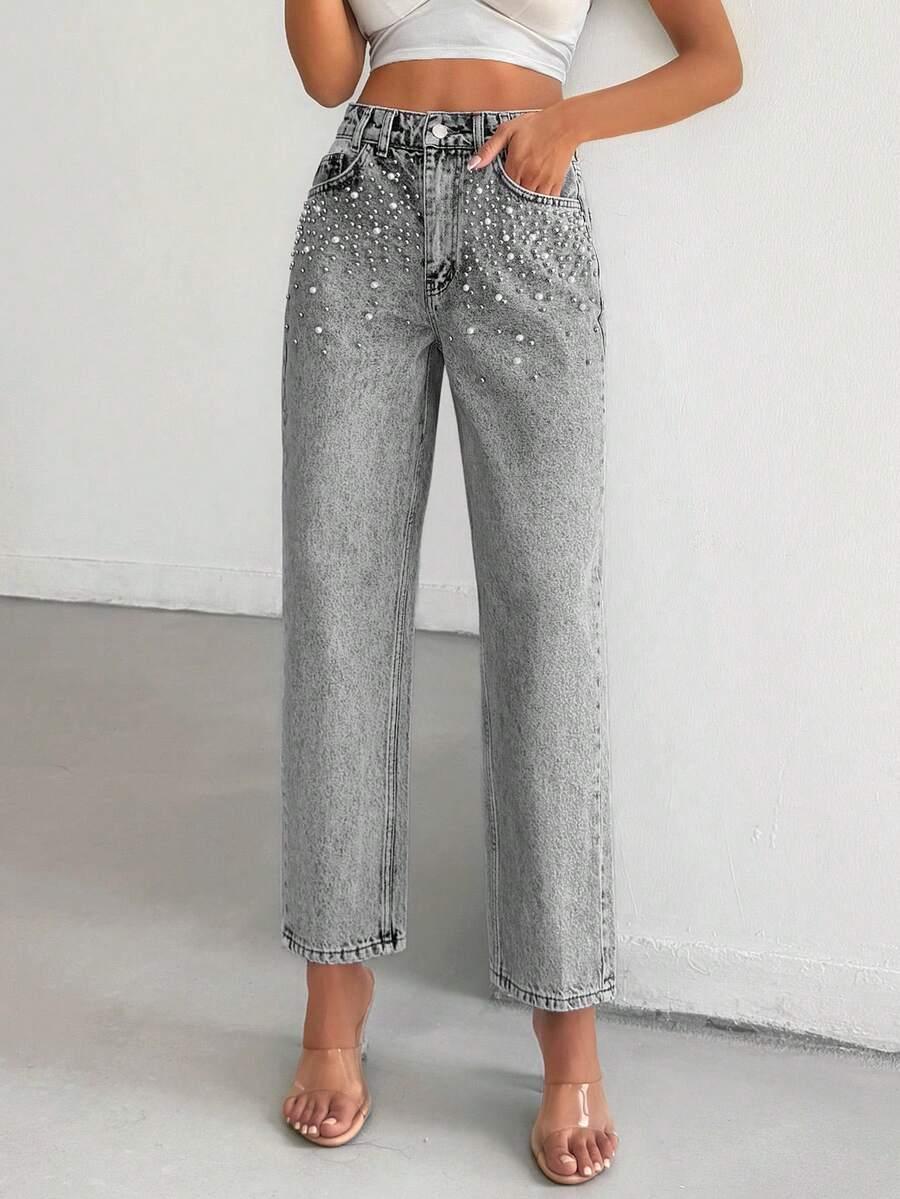 SZARE SPODNIE JEANS ZDOBIENIE