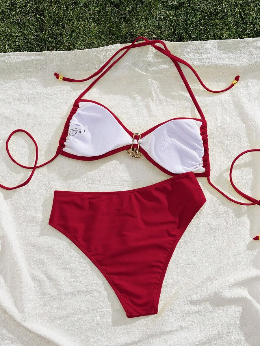 CZERWONY KOMPLET BIKINI ZDOBIENIE