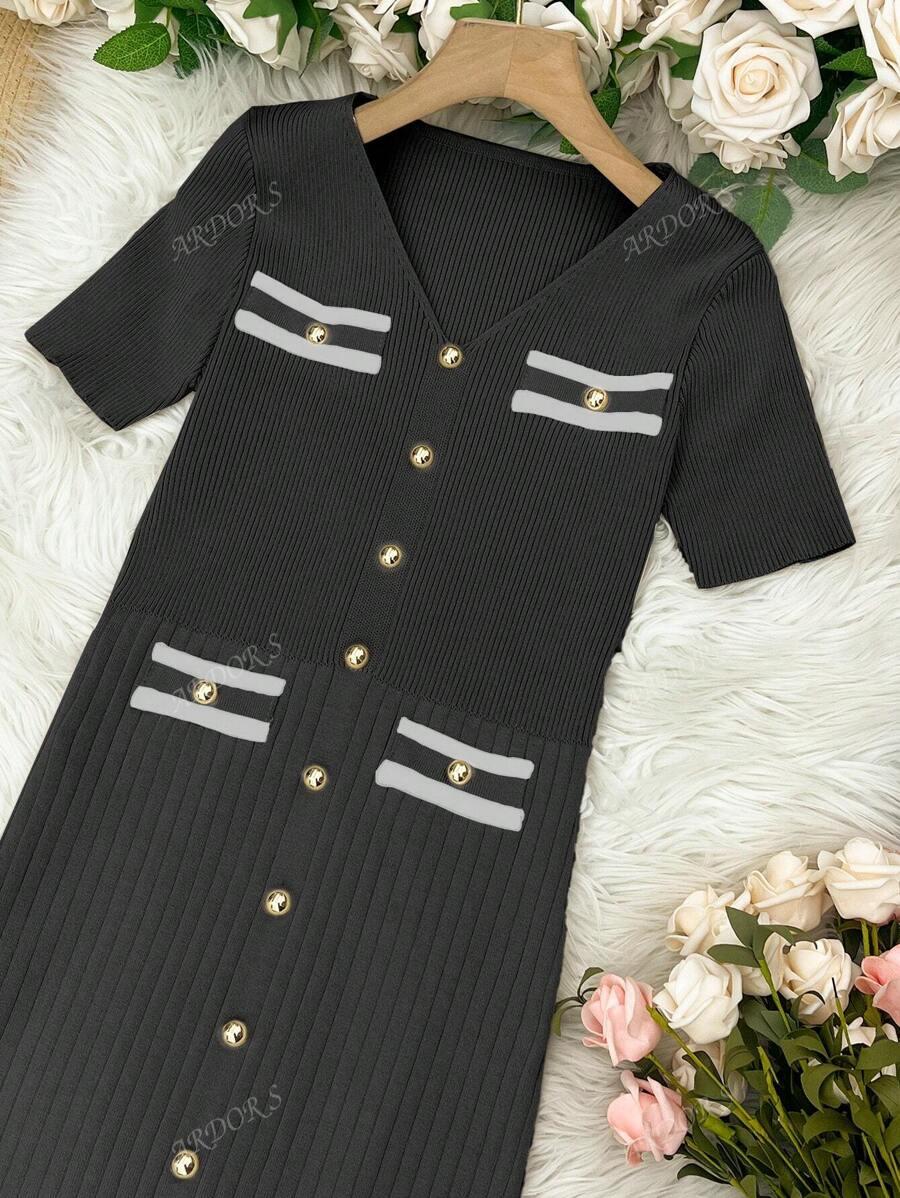 OŁÓWKOWA MIDI SUKIENKA V-NECK 