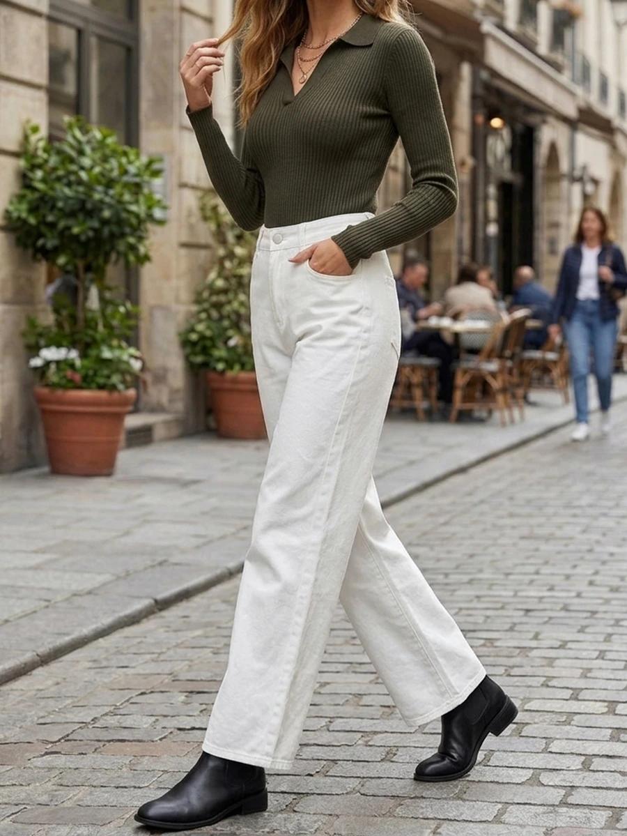 białe spodnie jeans proste nogawki