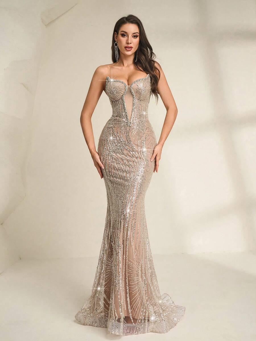 beżowa sukienka maxi zdobienia połysk 