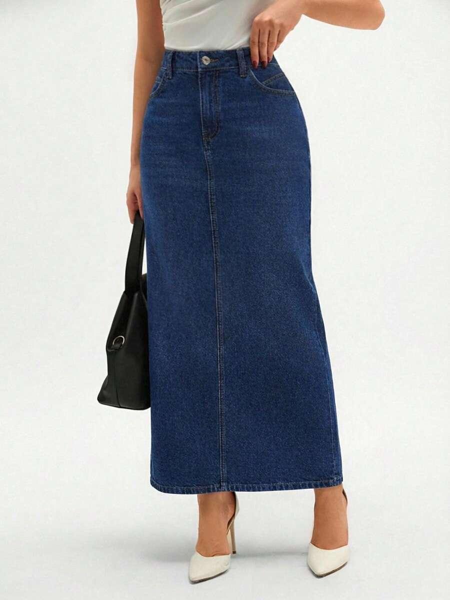 niebieska maxi spódnica z rozcięciem jeans