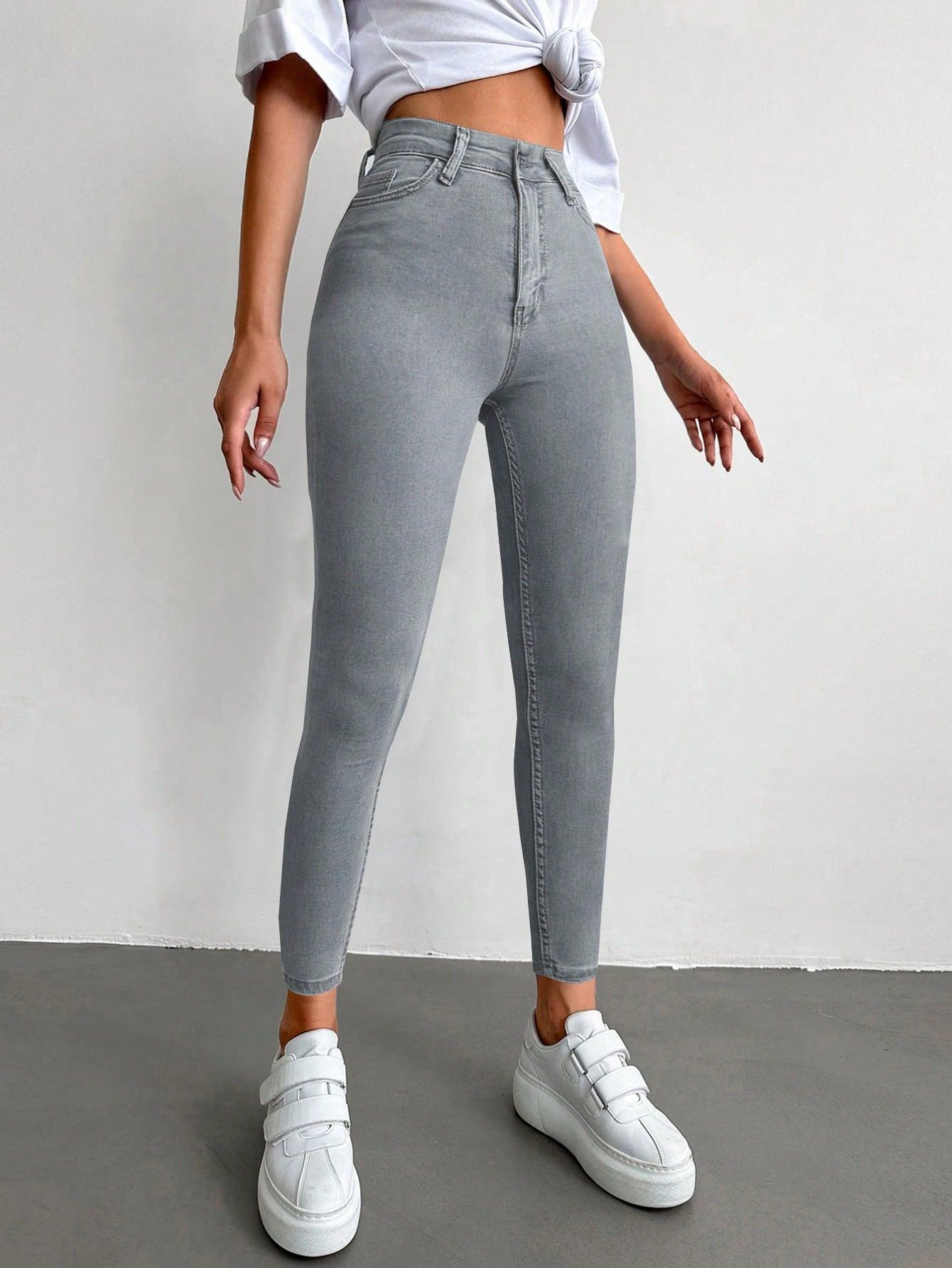 SZARE SPODNIE RURKI JEANS WYSOKI STAN