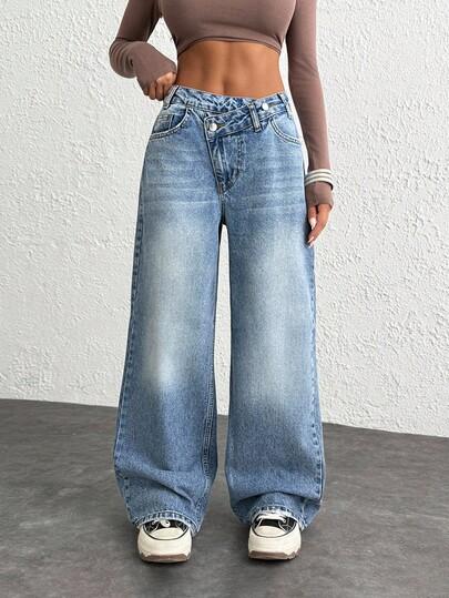 NIEBIESKIE SPODNIE JEANS ASYMETRIA