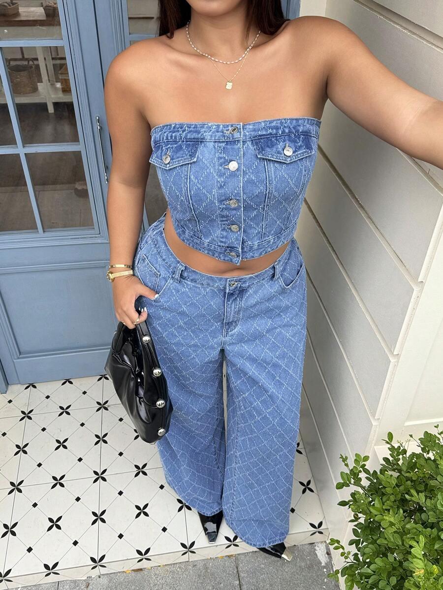niebieski jeansowy top