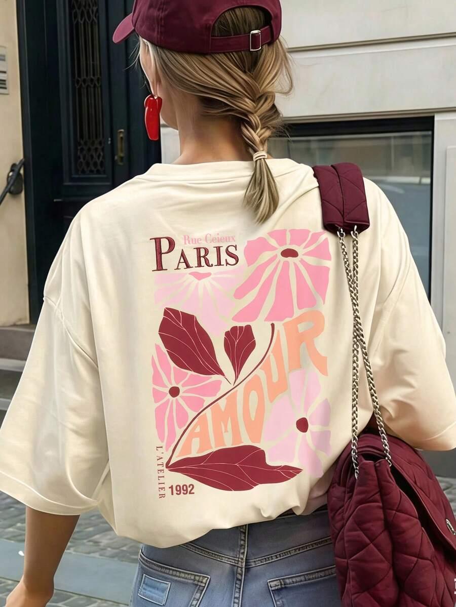 beżowy t-shirt nadruk