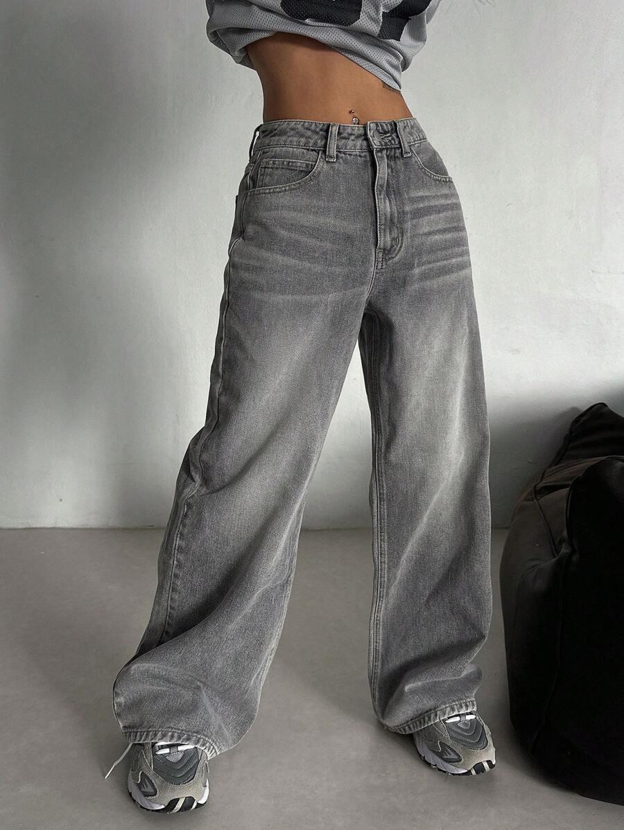 SZARE SPODNIE JEANS SZEROKIE NOGAWKI