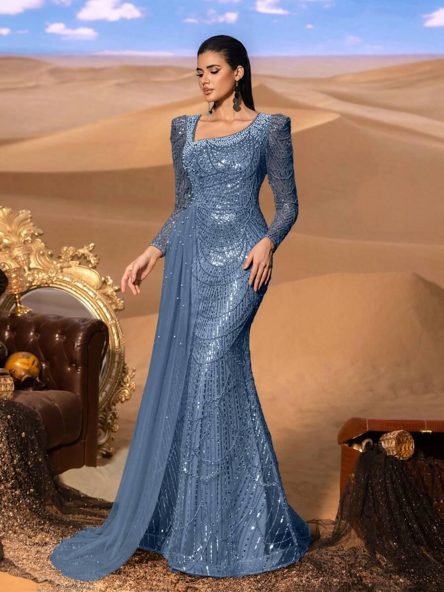 NIEBIESKA MAXI SUKIENKA ZDOBIENIE 