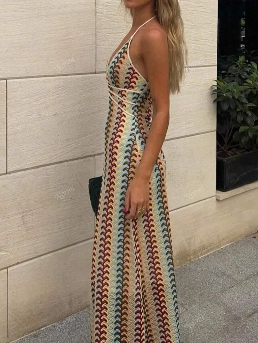 SUKIENKA OŁÓWKOWA BOHO MAXI Z GŁĘBOKIM DEKOLTEM I WIĄZANIEM