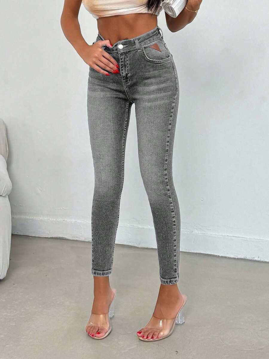 szare SPODNIE JEANS WYSOKI STAN 