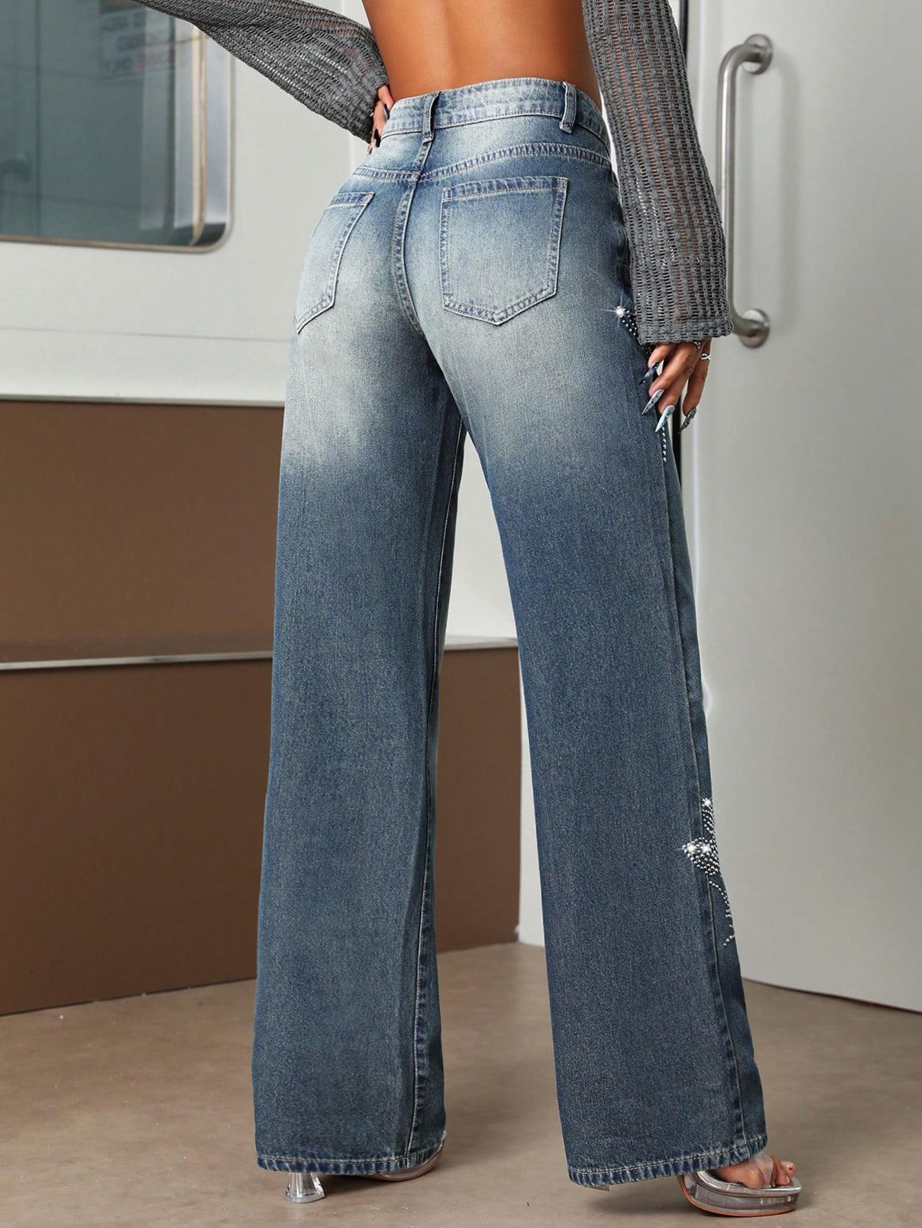 niebieskie jeansy zdobienia dżety wysoki stan