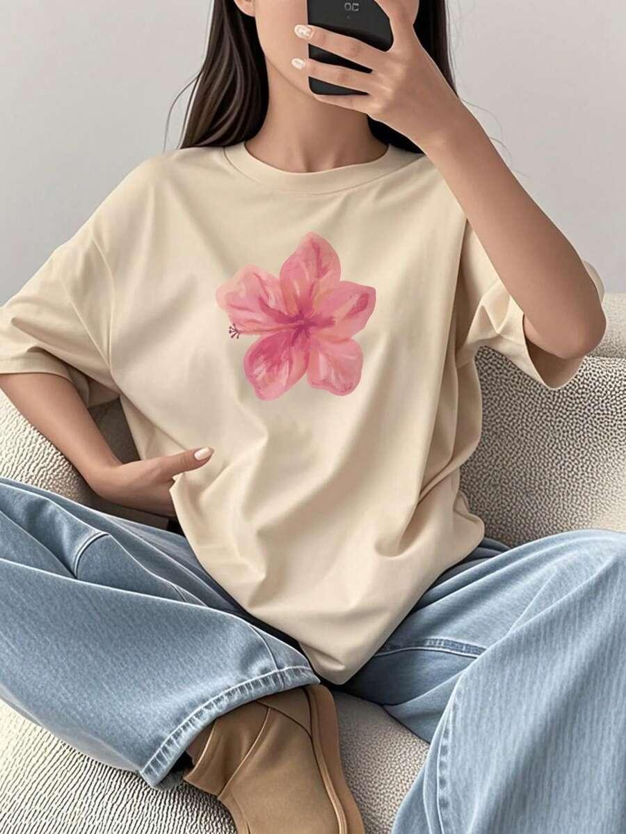 beżowy t-shirt nadruk kwiat