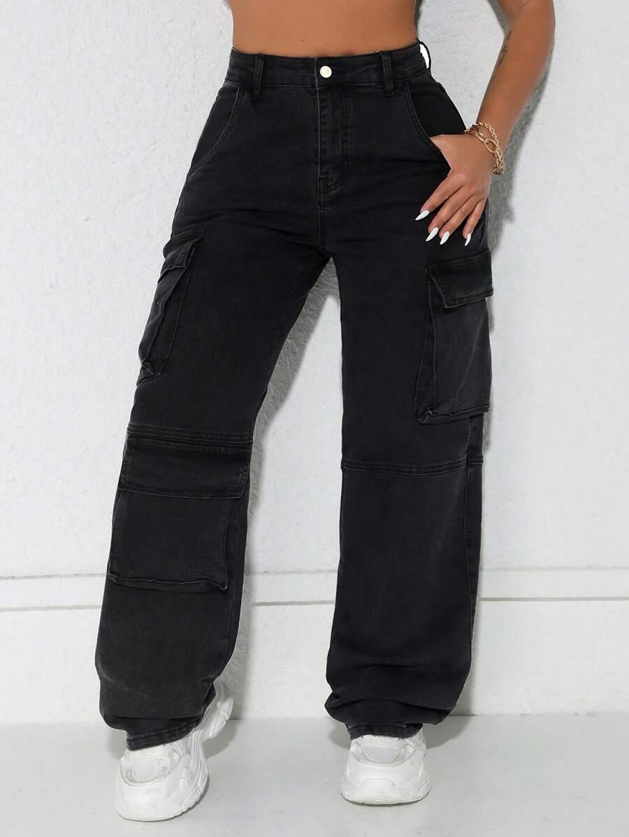 CZARNE SPODNIE JEANS CARGO
