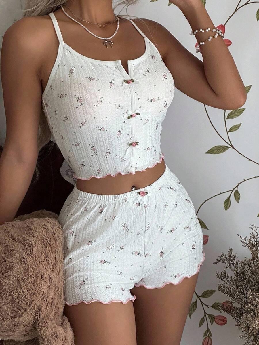 biała piżama komplet floral print