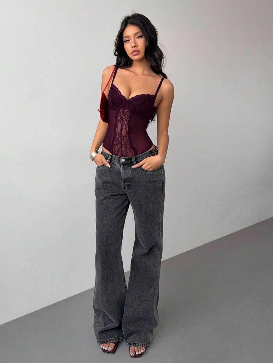 burgundowe body koronka siateczka